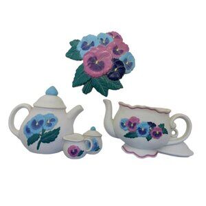 Burwood Home Interiors Tea Pots & Pansies Wall Plaques Lot Of 3 Floral